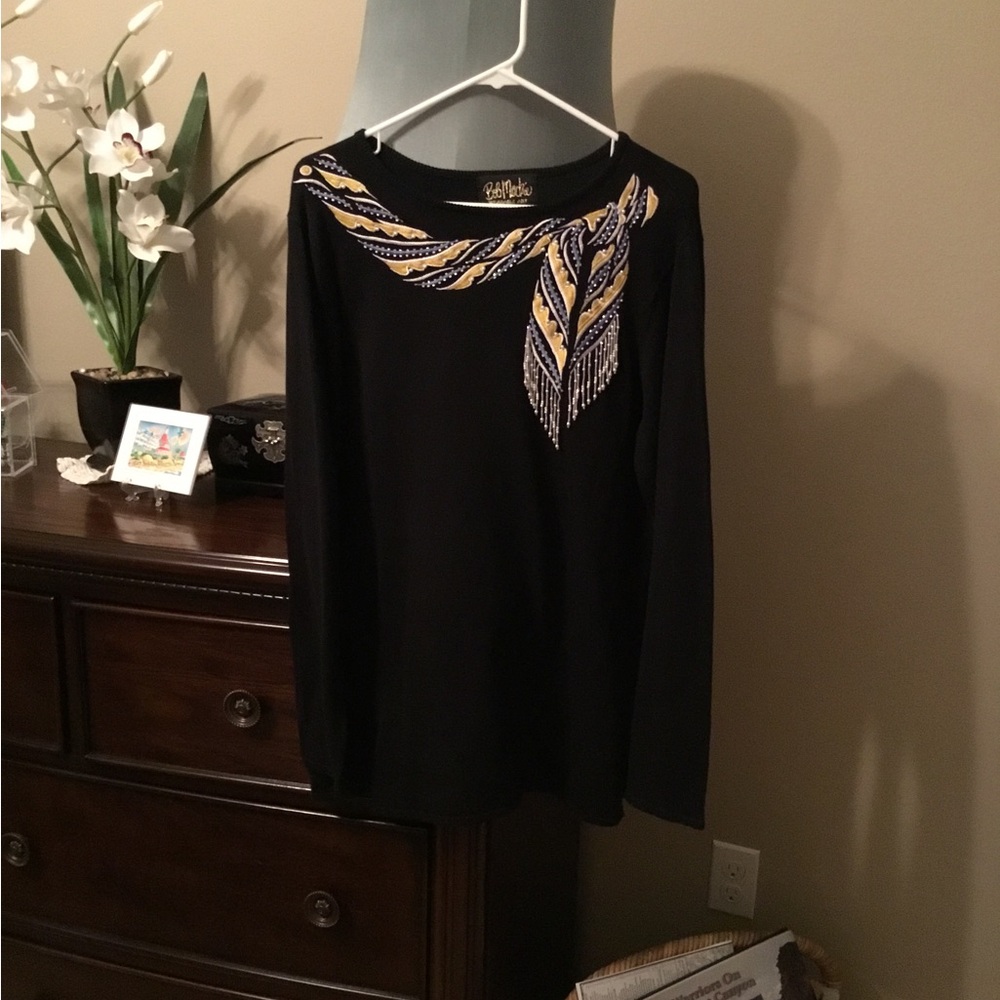 Bob Mackie-EUC-Women’s Black Sweater with Yellow & Navy EmbeEmbroidery